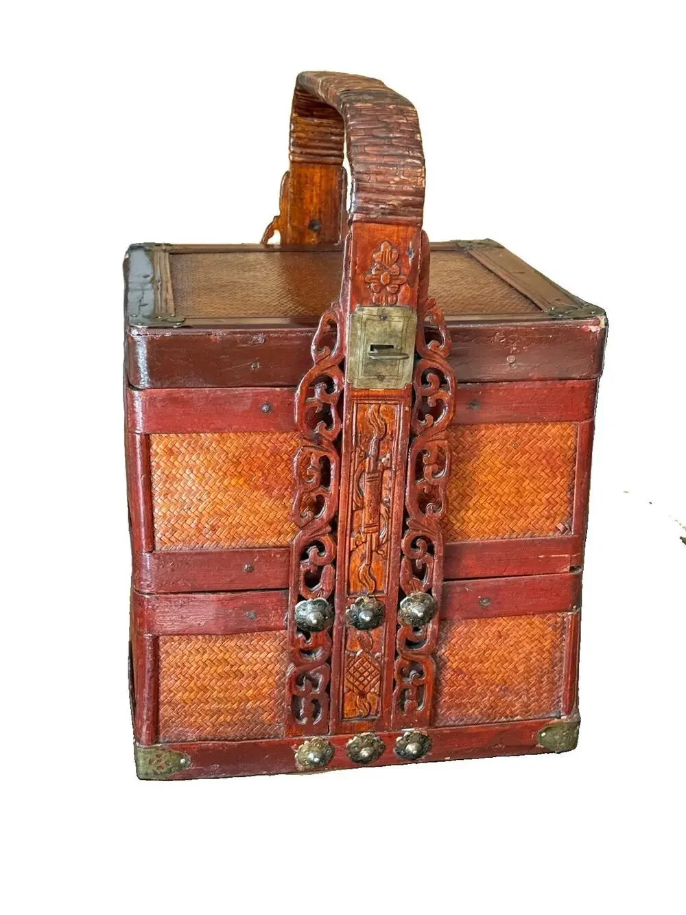 Antique Chinese Wedding Basket 2-Tier Lacquered Wood Woven Bamboo Box Metal Pin